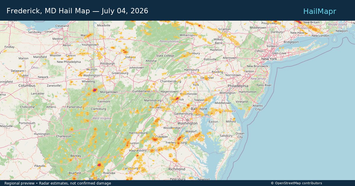 Frederick, MD Hail Map — July 04, 2026 — regional heatmap and storm polygons