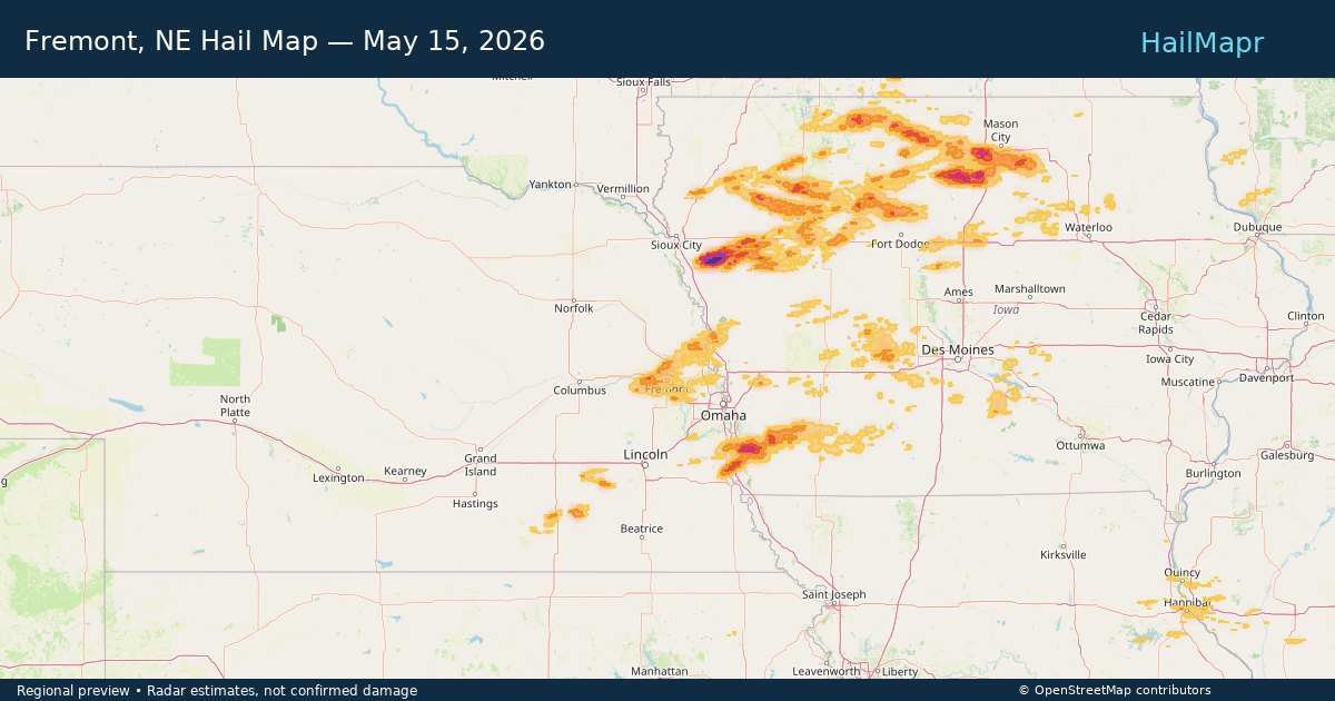 Fremont, NE Hail Map — May 15, 2026 — regional heatmap and storm polygons