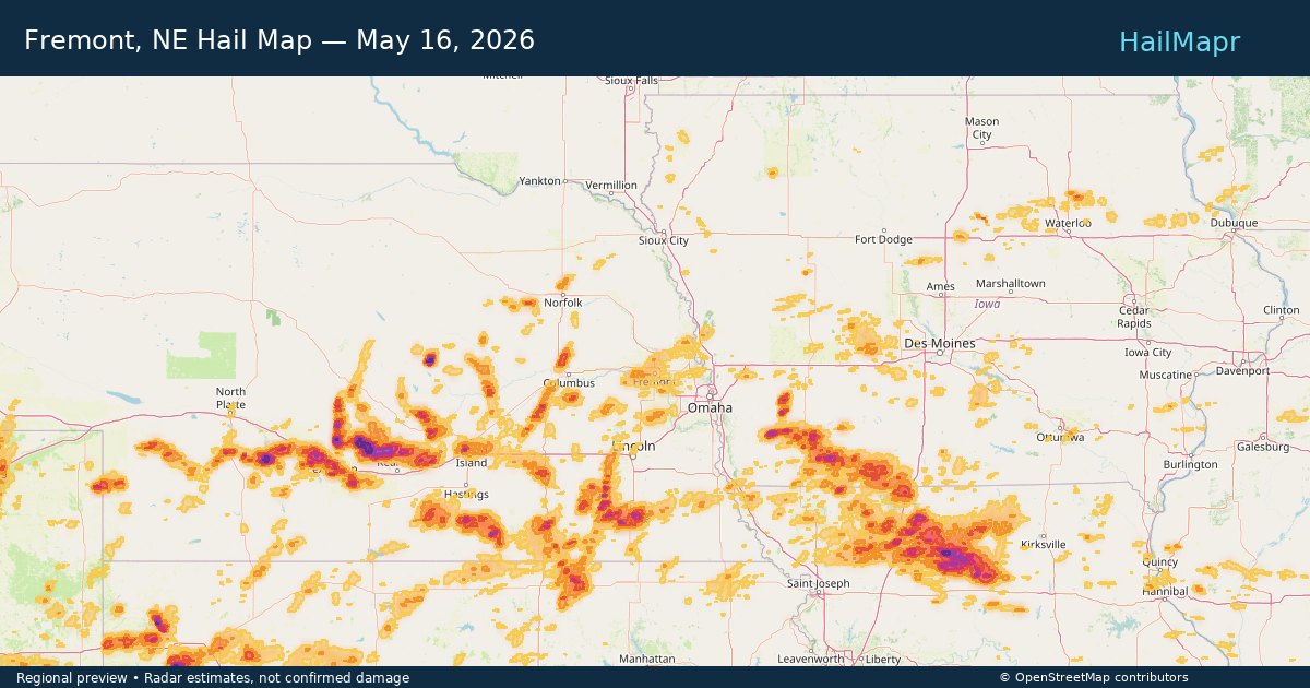 Fremont, NE Hail Map — May 16, 2026 — regional heatmap and storm polygons