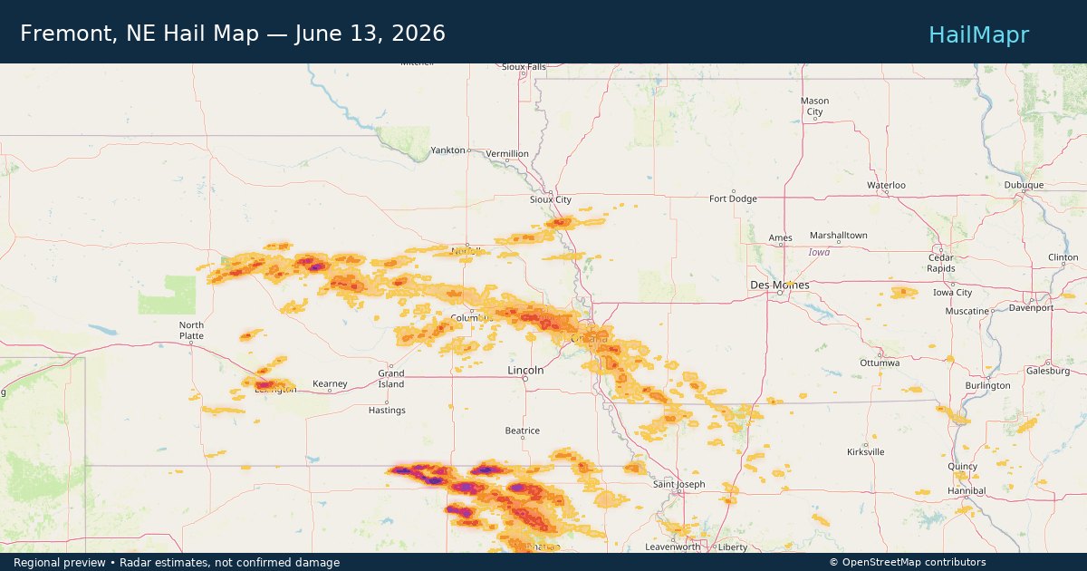 Fremont, NE Hail Map — June 13, 2026 — regional heatmap and storm polygons