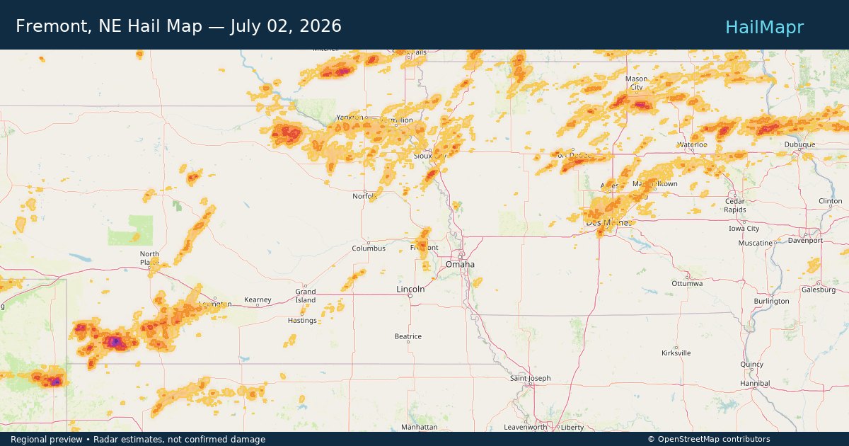 Fremont, NE Hail Map — July 02, 2026 — regional heatmap and storm polygons