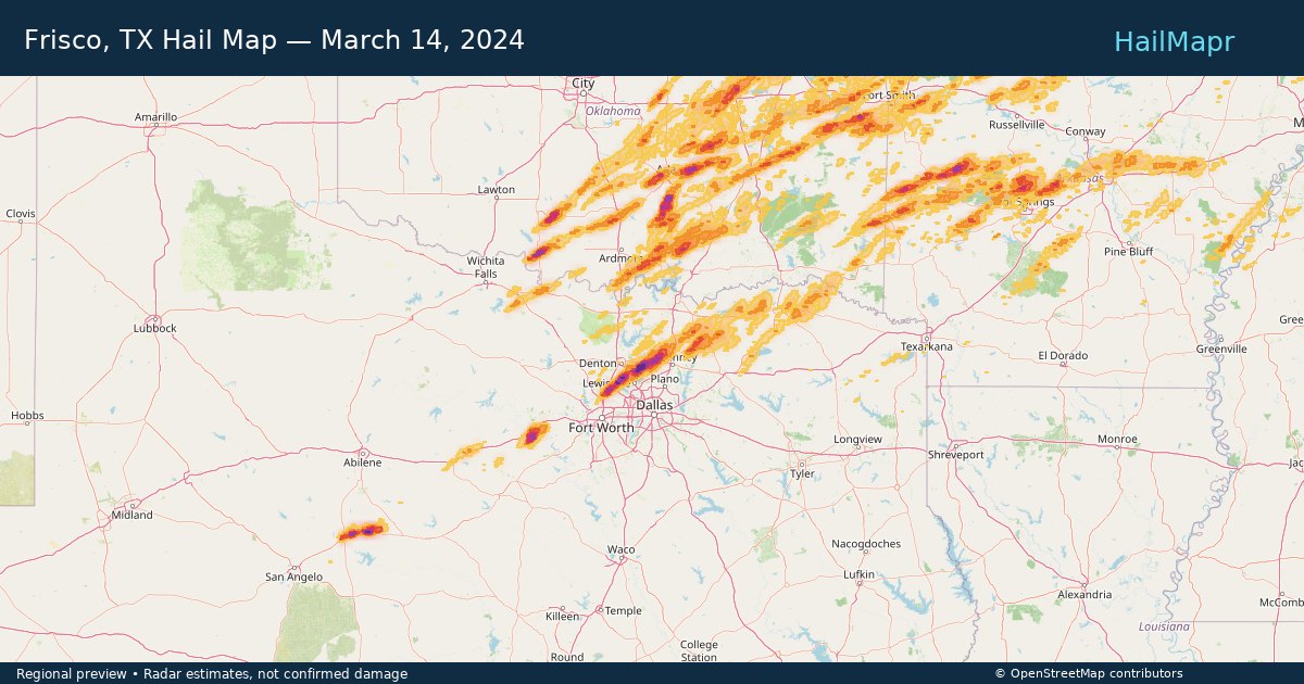 Frisco, TX Hail Map — March 14, 2024 — regional heatmap and storm polygons