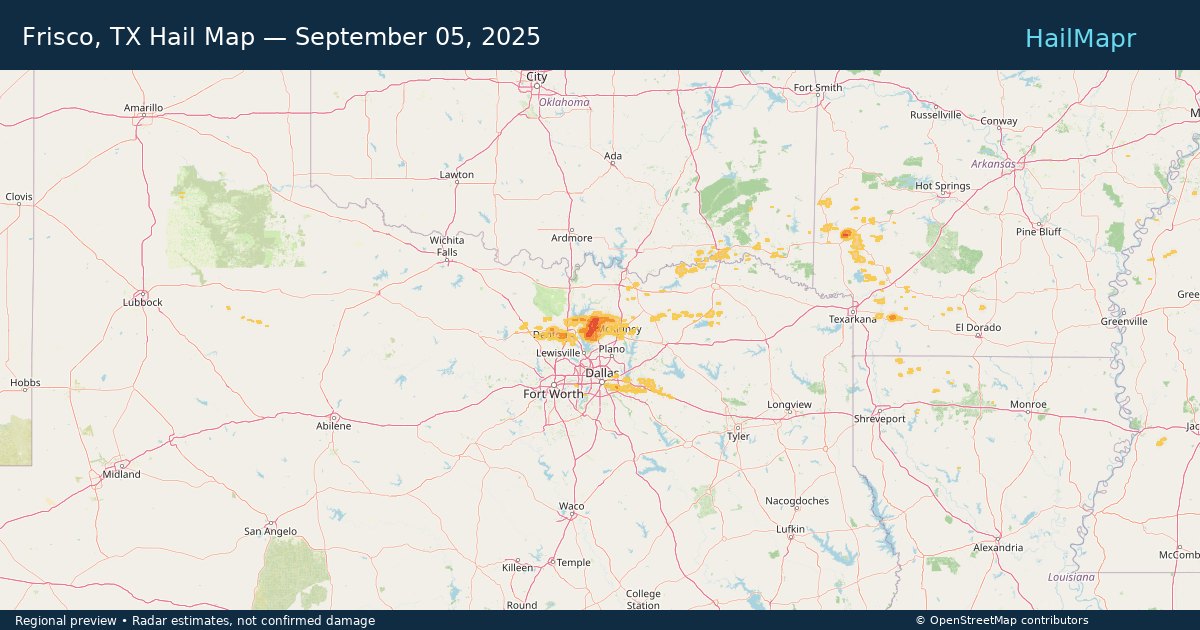 Frisco, TX Hail Map — September 05, 2025 — regional heatmap and storm polygons