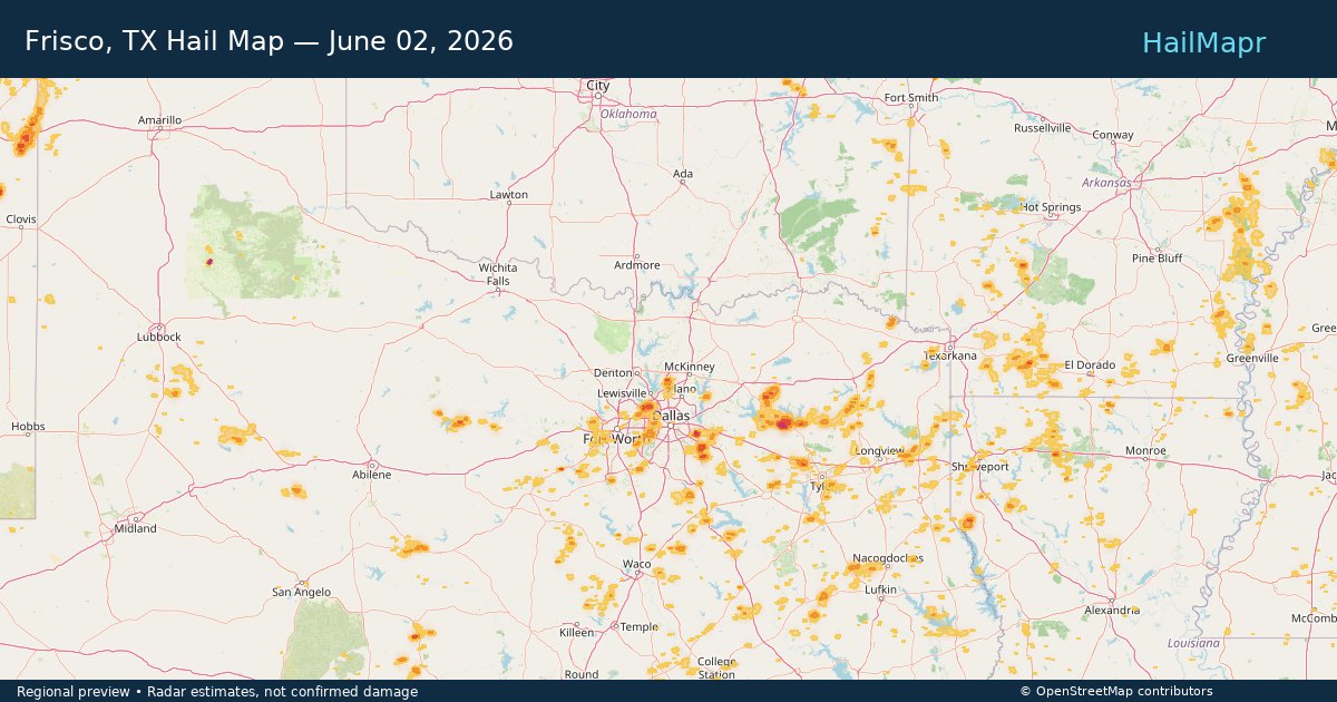 Frisco, TX Hail Map — June 02, 2026 — regional heatmap and storm polygons