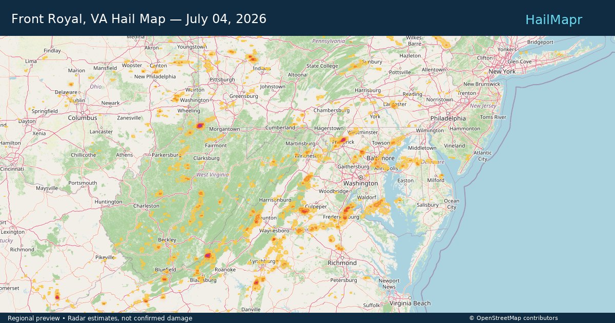 Front Royal, VA — July 04, 2026 — regional hail footprint preview
