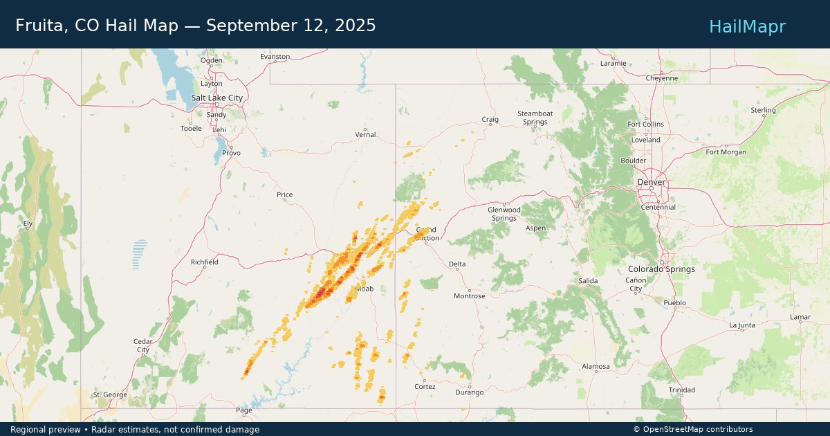 Fruita, CO Hail Map — September 12, 2025 — regional heatmap and storm polygons