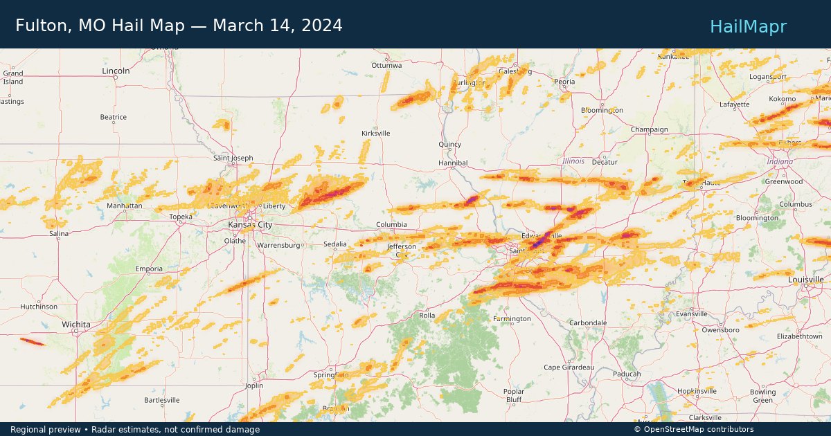 Fulton, MO Hail Map — March 14, 2024 — regional heatmap and storm polygons
