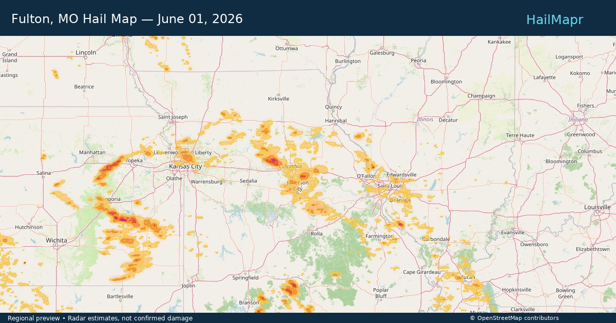 Fulton, MO Hail Map — June 01, 2026 — regional heatmap and storm polygons