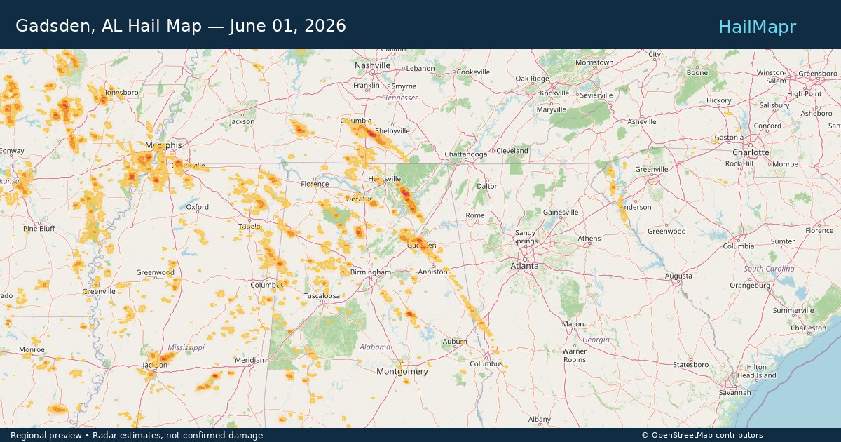 Gadsden, AL Hail Map — June 01, 2026 — regional heatmap and storm polygons