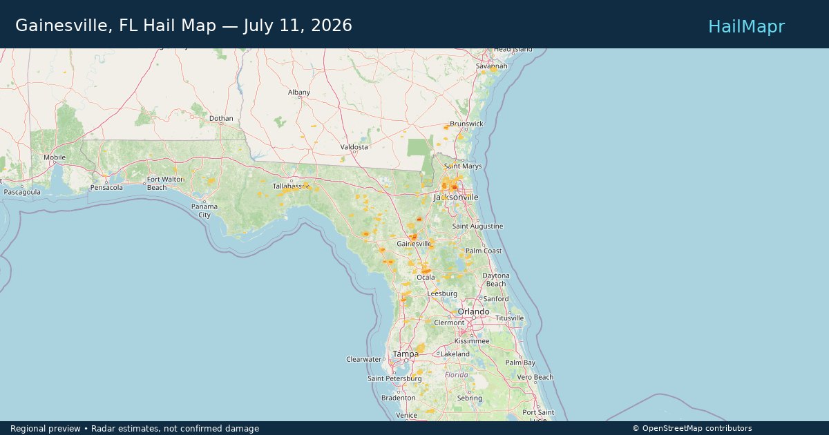 Gainesville, FL — July 11, 2026 — regional hail footprint preview