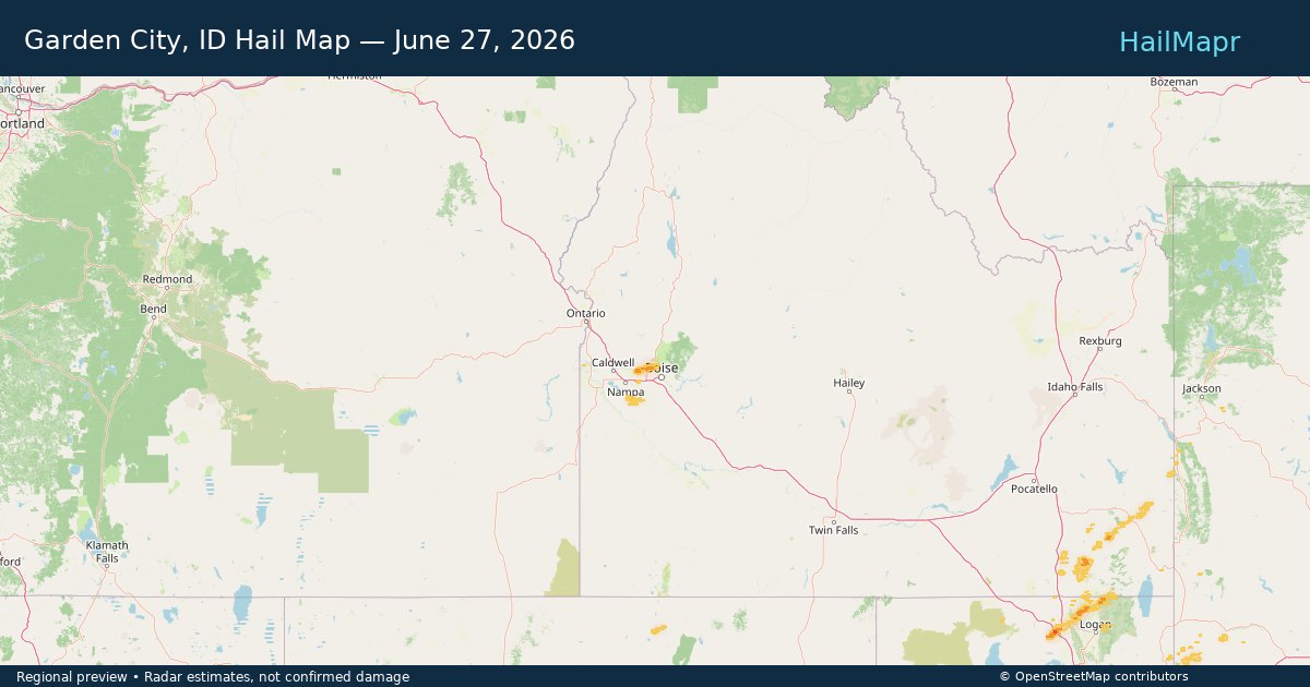 Garden City, ID Hail Map — June 27, 2026 — regional heatmap and storm polygons