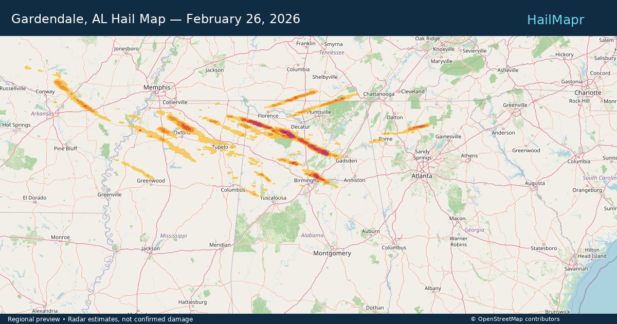 Gardendale, AL Hail Map — February 26, 2026 — regional heatmap and storm polygons