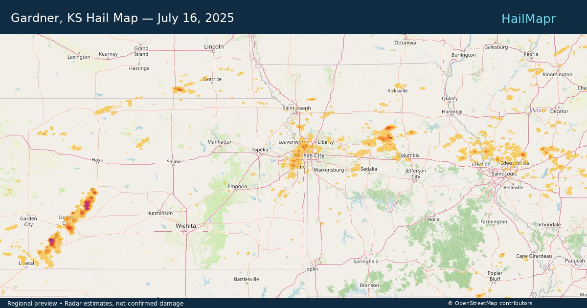 Gardner, KS Hail Map — July 16, 2025 — regional heatmap and storm polygons
