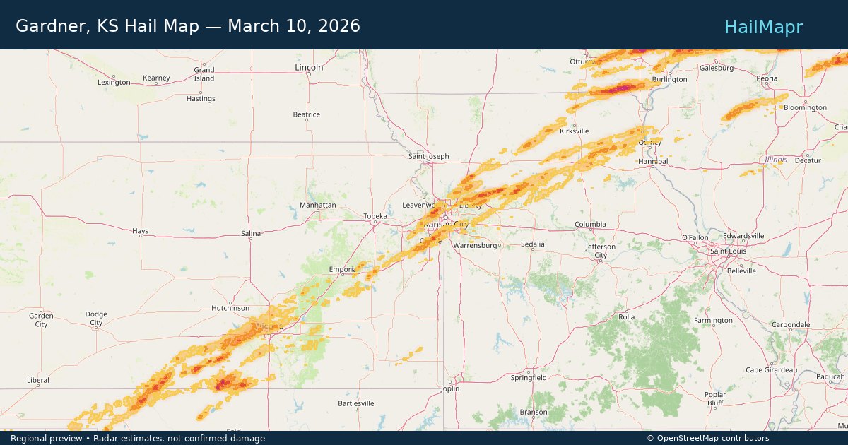 Gardner, KS Hail Map — March 10, 2026 — regional heatmap and storm polygons