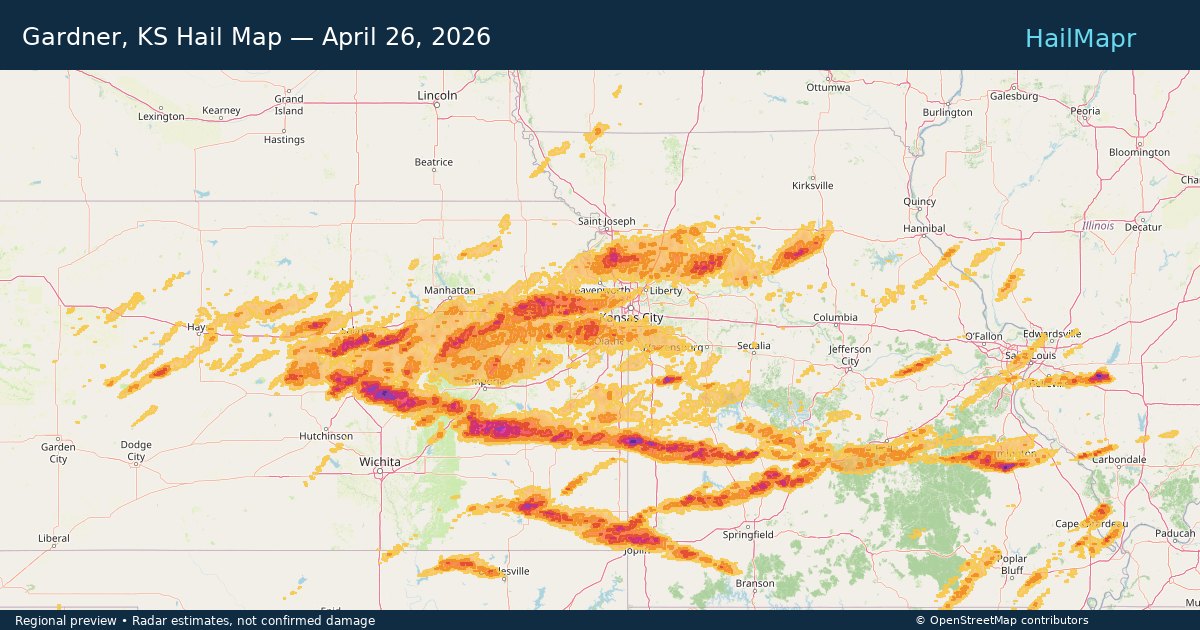 Gardner, KS Hail Map — April 26, 2026 — regional heatmap and storm polygons