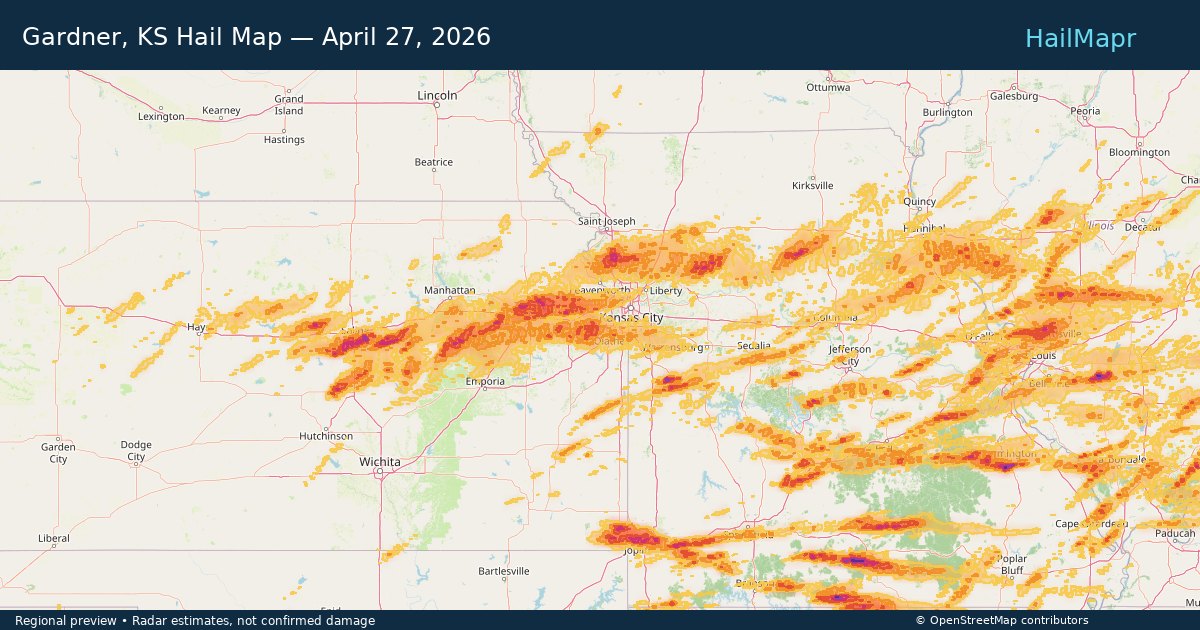 Gardner, KS Hail Map — April 27, 2026 — regional heatmap and storm polygons