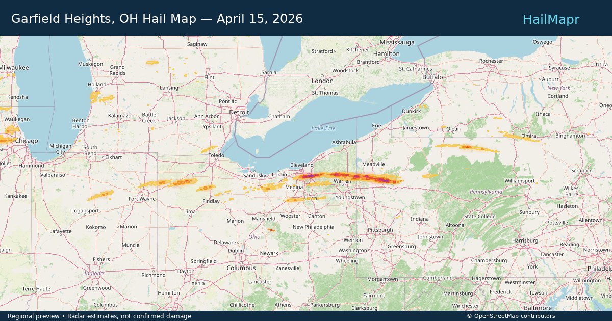 Garfield Heights, OH Hail Map — April 15, 2026 — regional heatmap and storm polygons