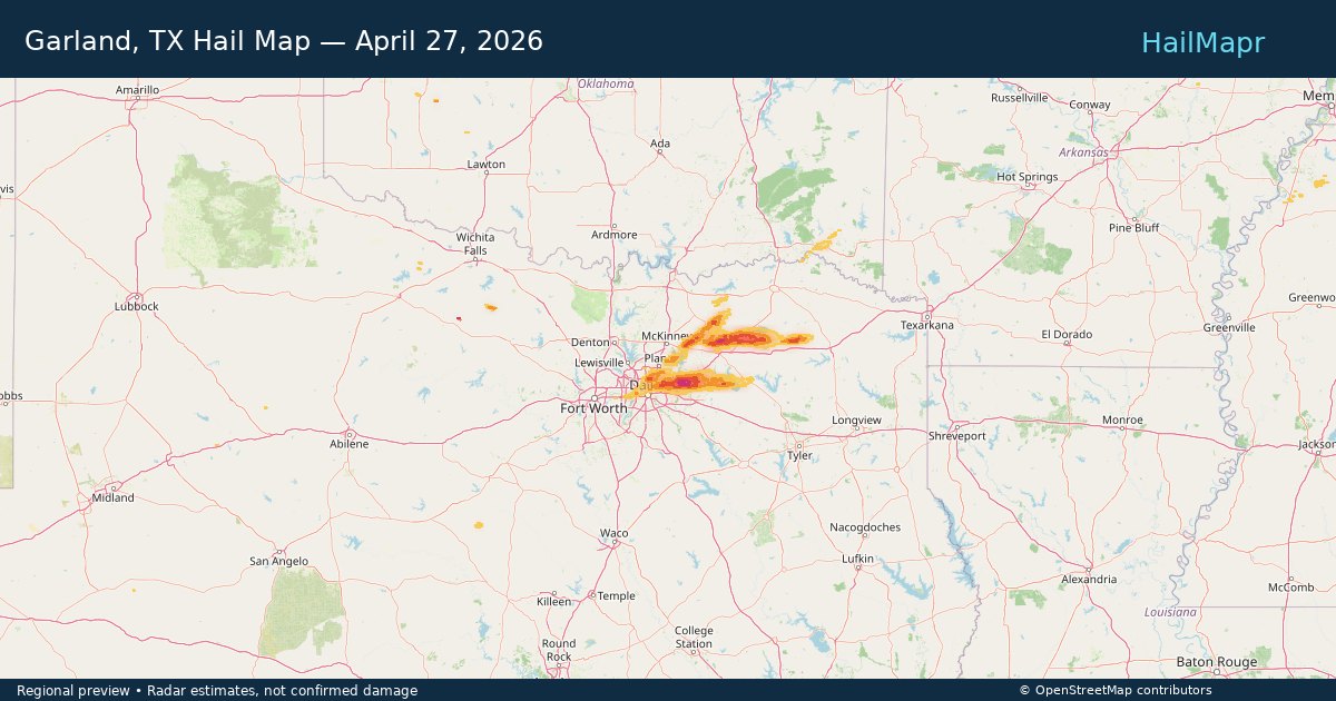 Garland, TX Hail Map — April 27, 2026 — regional heatmap and storm polygons