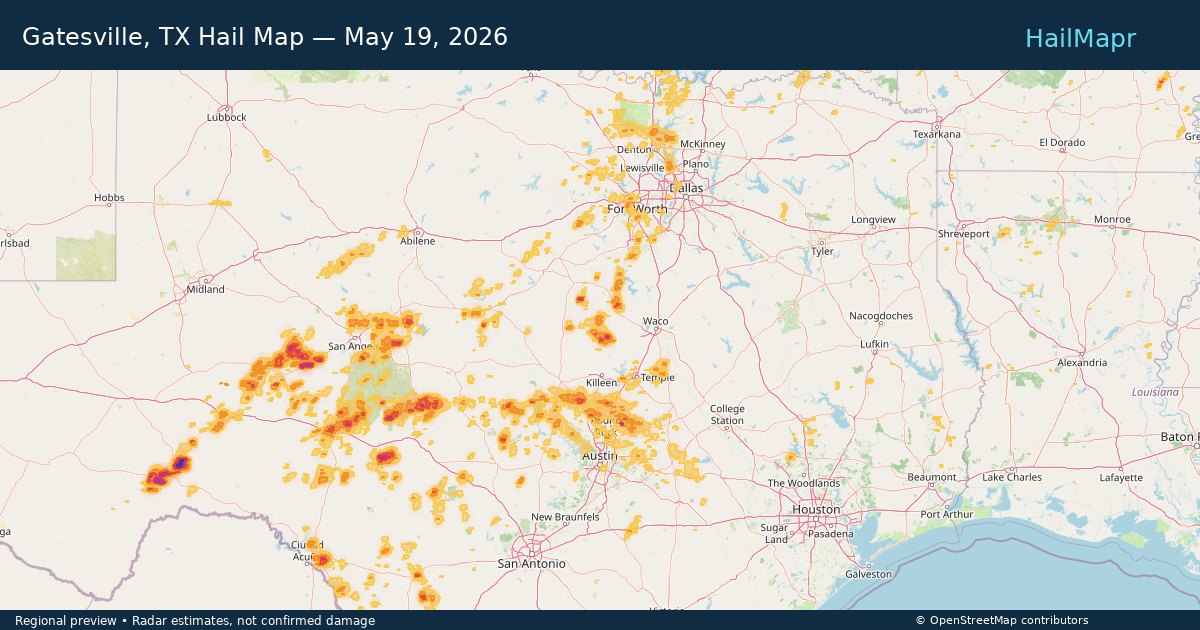 Gatesville, TX — May 19, 2026 — regional hail footprint preview