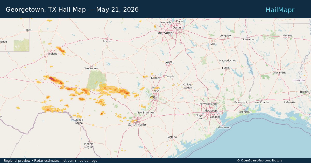 Georgetown, TX Hail Map — May 21, 2026 — regional heatmap and storm polygons