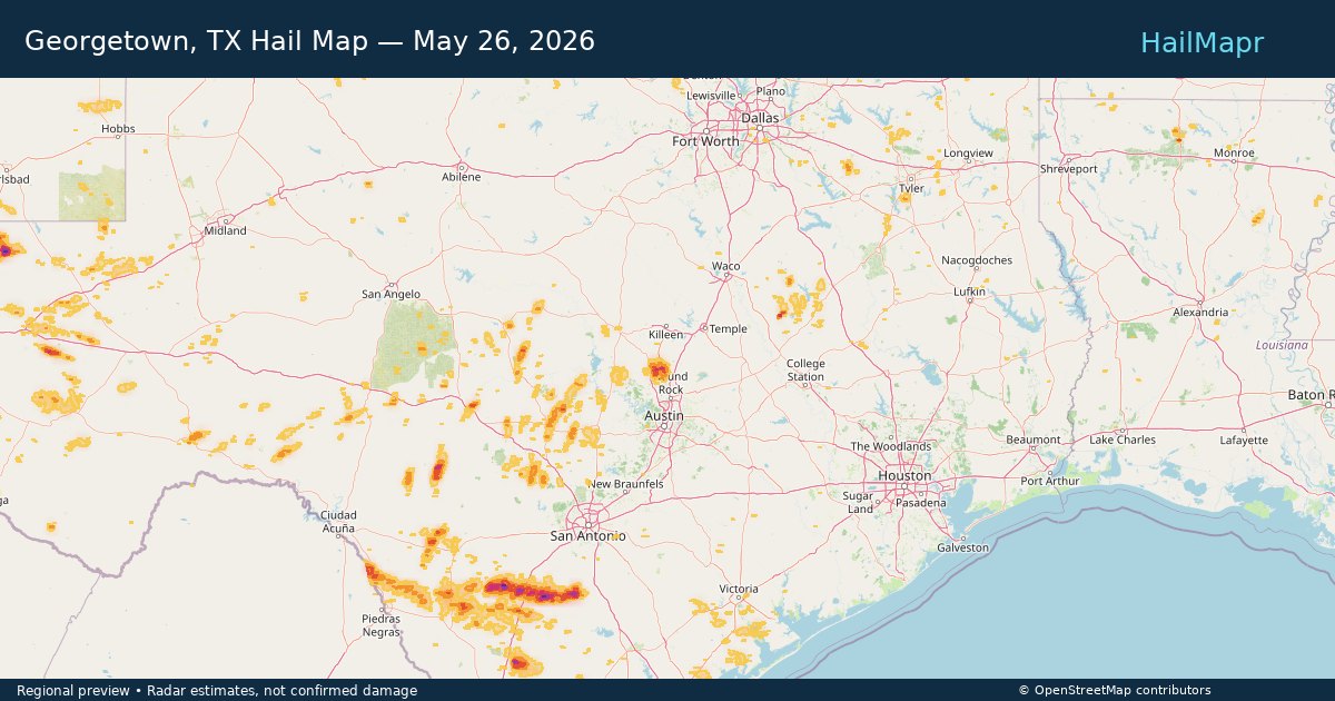 Georgetown, TX Hail Map — May 26, 2026 — regional heatmap and storm polygons