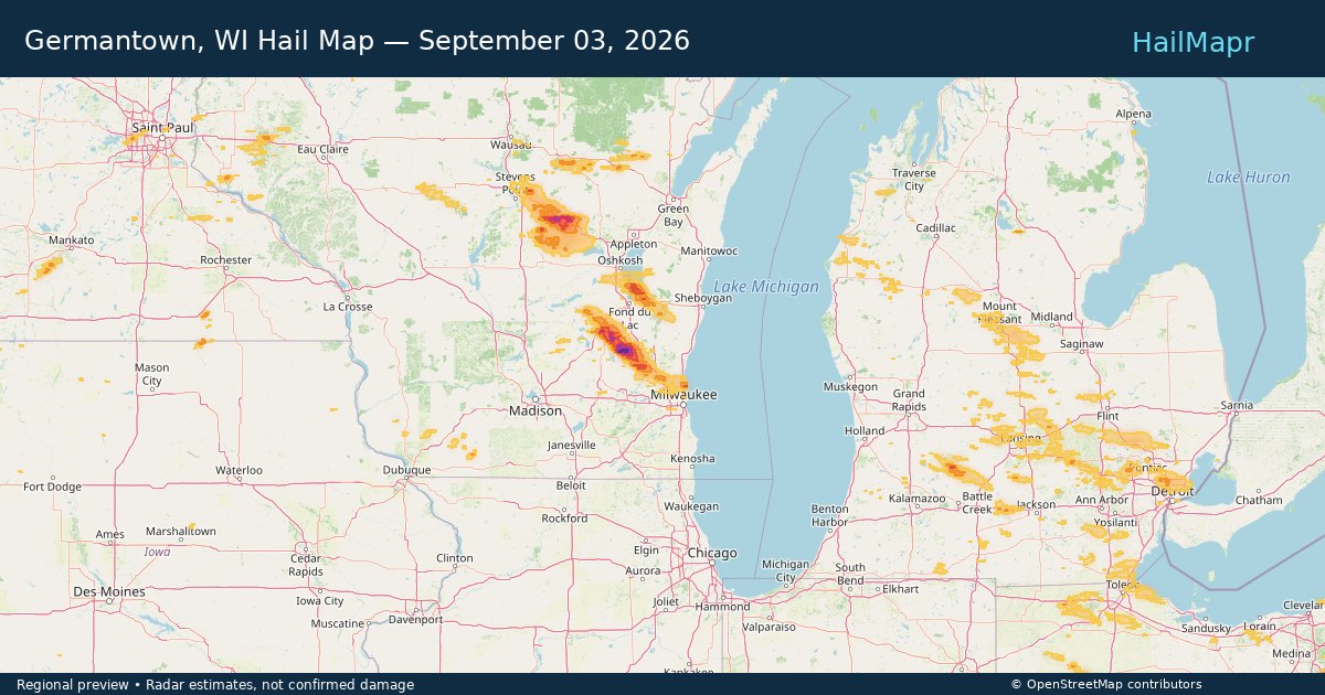 Germantown, WI Hail Map — September 03, 2026 — regional heatmap and storm polygons