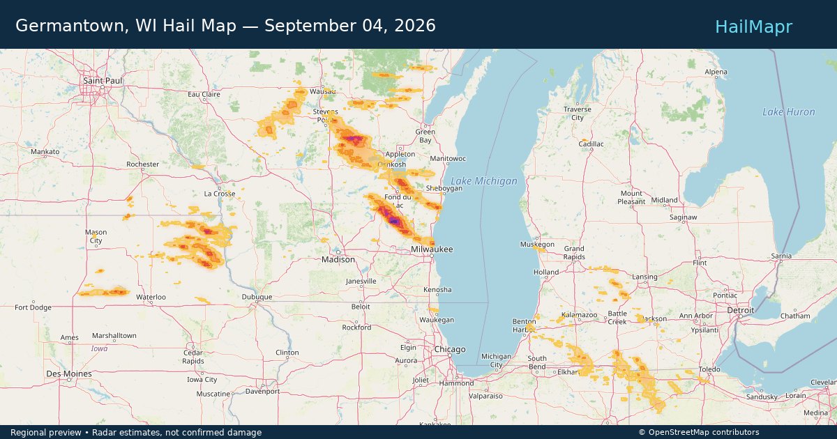 Germantown, WI Hail Map — September 04, 2026 — regional heatmap and storm polygons