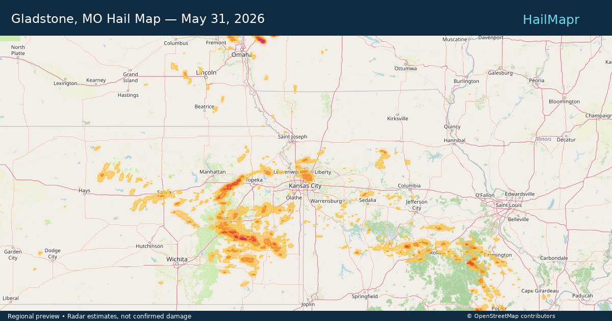 Gladstone, MO — May 31, 2026 — regional hail footprint preview