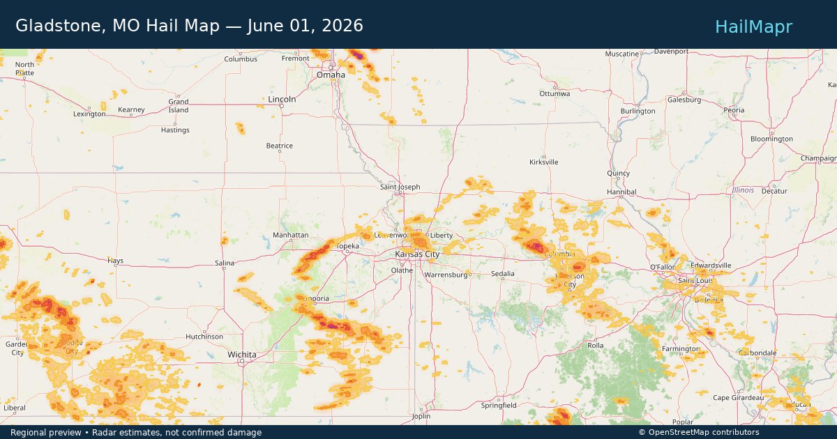 Gladstone, MO Hail Map — June 01, 2026 — regional heatmap and storm polygons