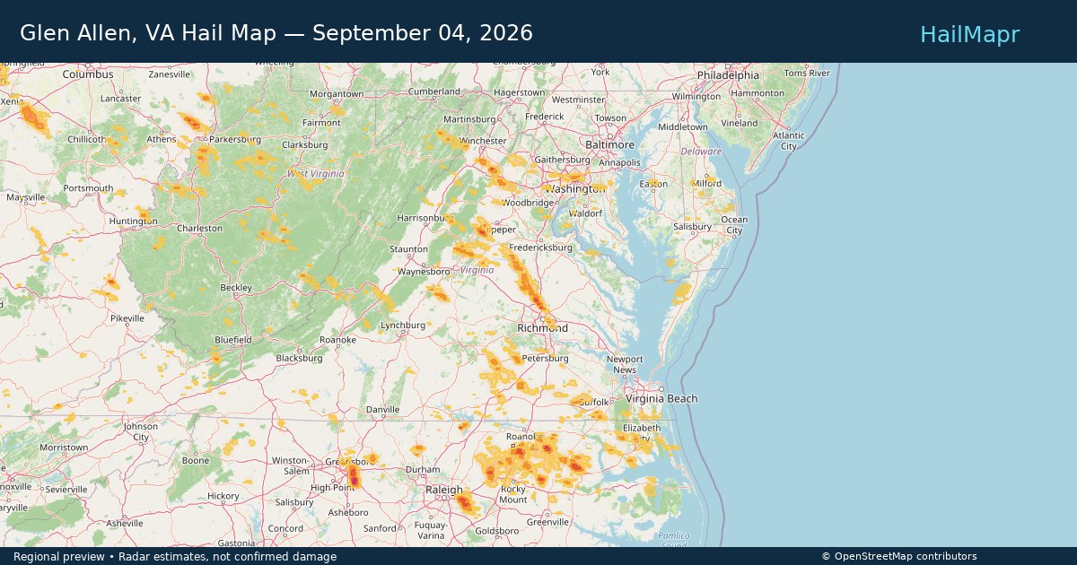 Glen Allen, VA Hail Map — September 04, 2026 — regional heatmap and storm polygons