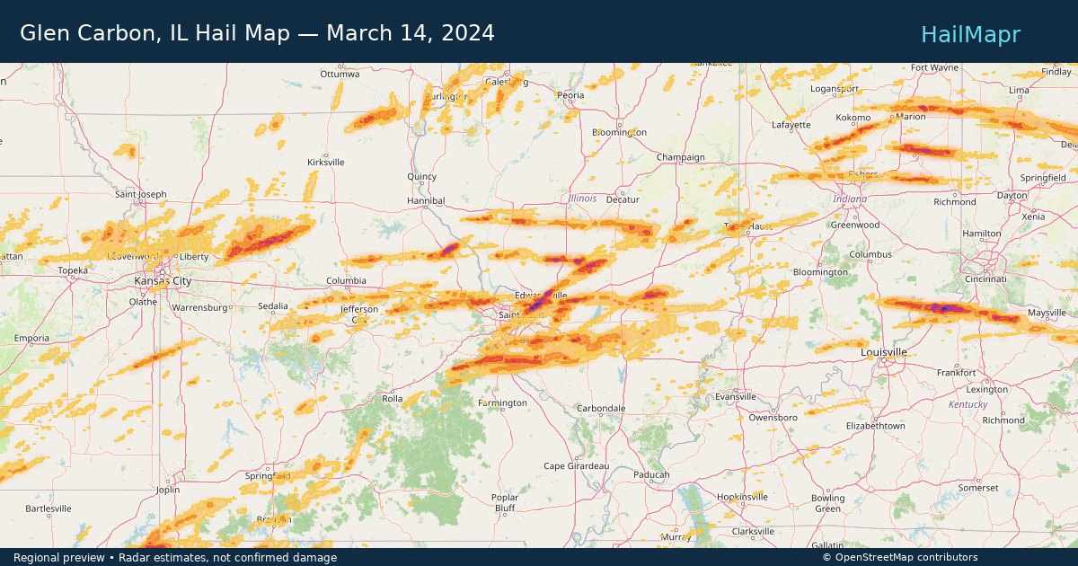 Glen Carbon, IL Hail Map — March 14, 2024 — regional heatmap and storm polygons