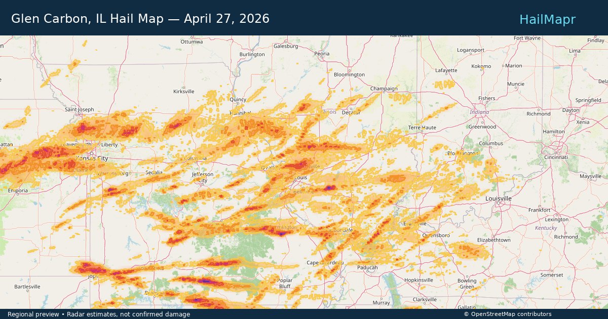 Glen Carbon, IL Hail Map — April 27, 2026 — regional heatmap and storm polygons