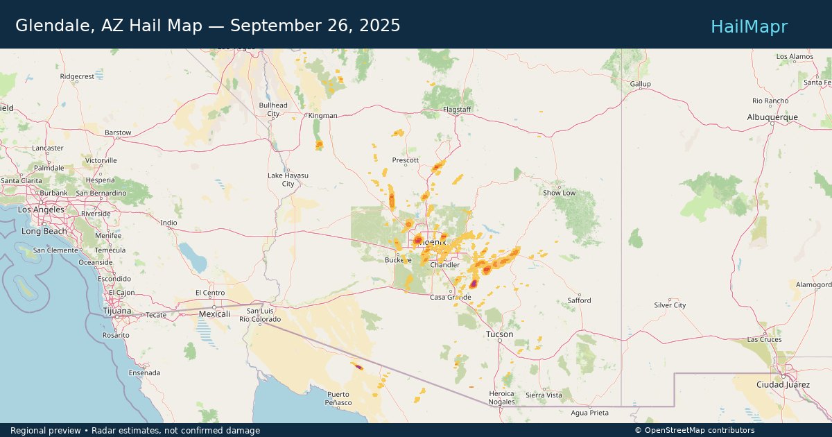 Glendale, AZ — September 26, 2025 — regional hail footprint preview