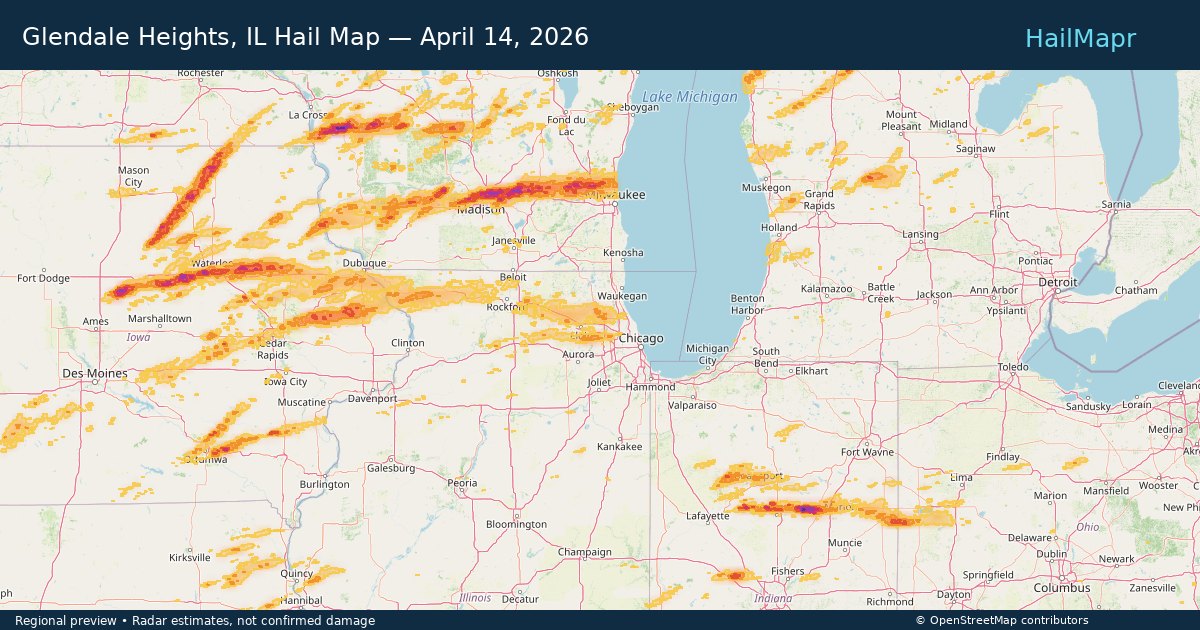 Glendale Heights, IL Hail Map — April 14, 2026 — regional heatmap and storm polygons