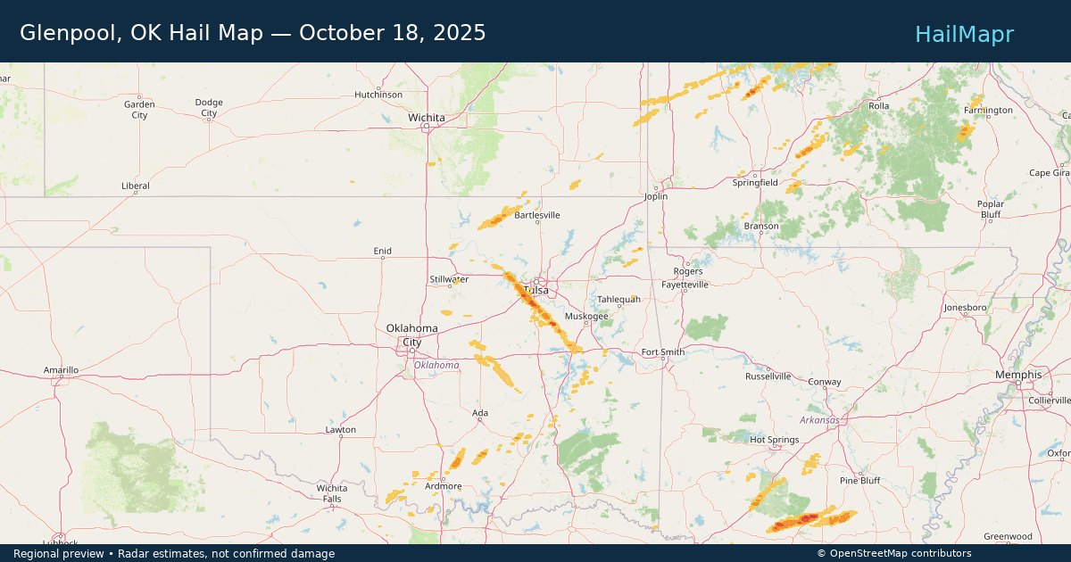 Glenpool, OK Hail Map — October 18, 2025 — regional heatmap and storm polygons