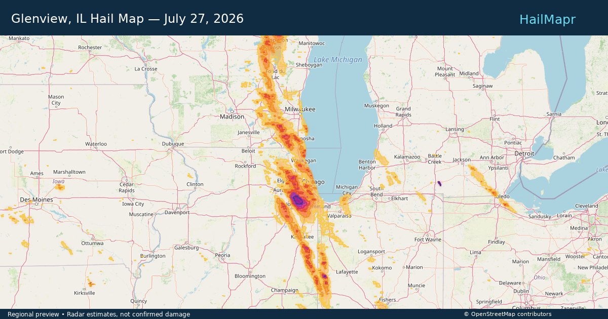 Glenview, IL Hail Map — July 27, 2026 — regional heatmap and storm polygons