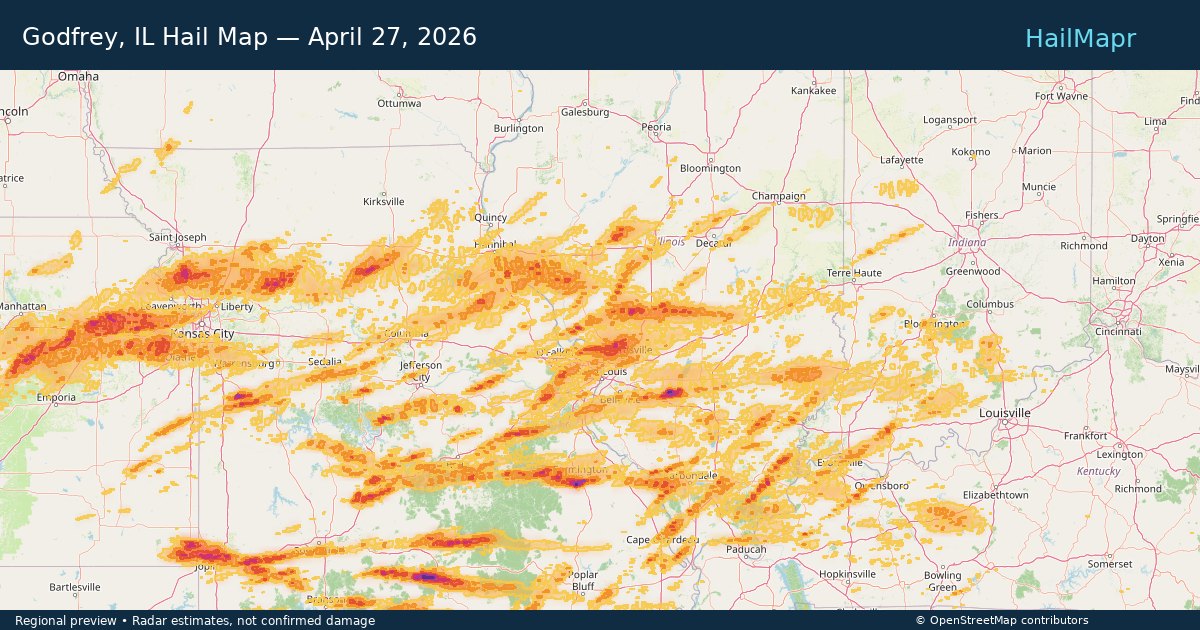 Godfrey, IL Hail Map — April 27, 2026 — regional heatmap and storm polygons