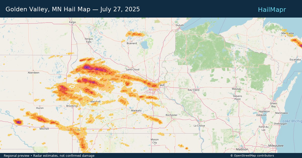 Golden Valley, MN Hail Map — July 27, 2025 — regional heatmap and storm polygons