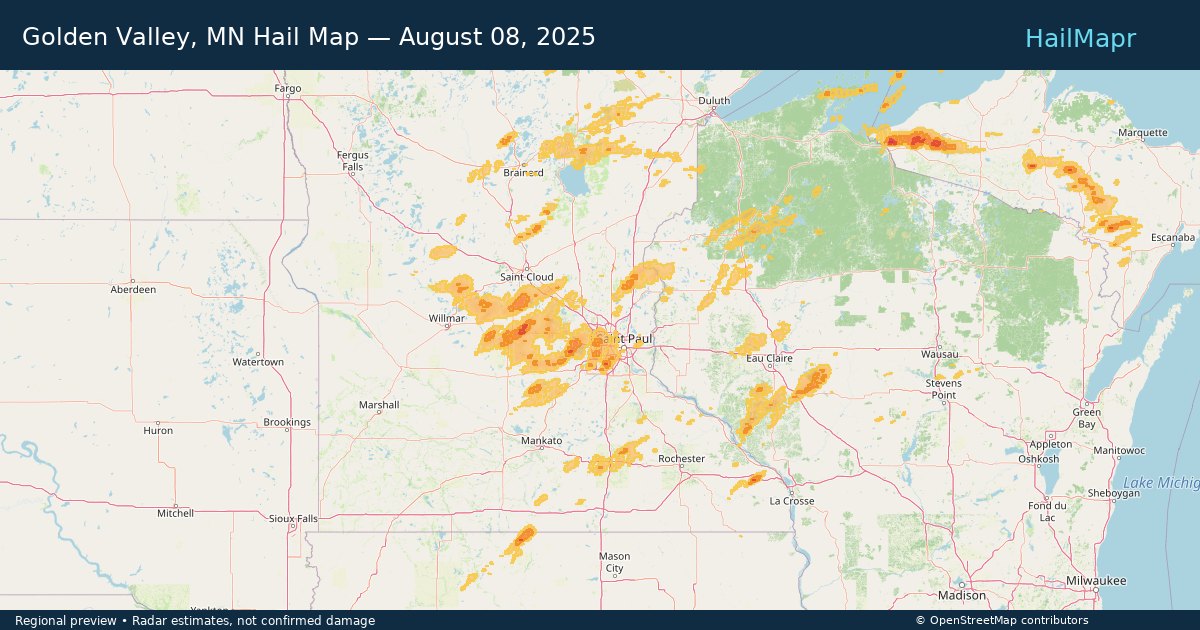 Golden Valley, MN Hail Map — August 08, 2025 — regional heatmap and storm polygons