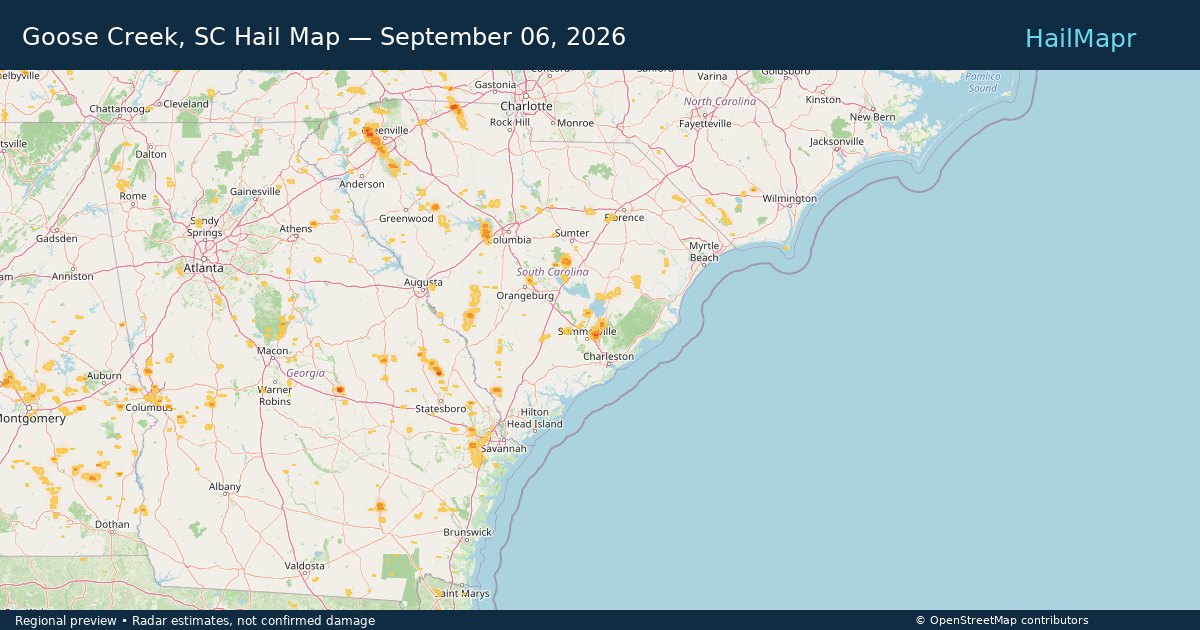Goose Creek, SC Hail Map — September 06, 2026 — regional heatmap and storm polygons