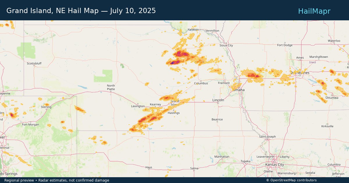 Grand Island, NE Hail Map — July 10, 2025 — regional heatmap and storm polygons