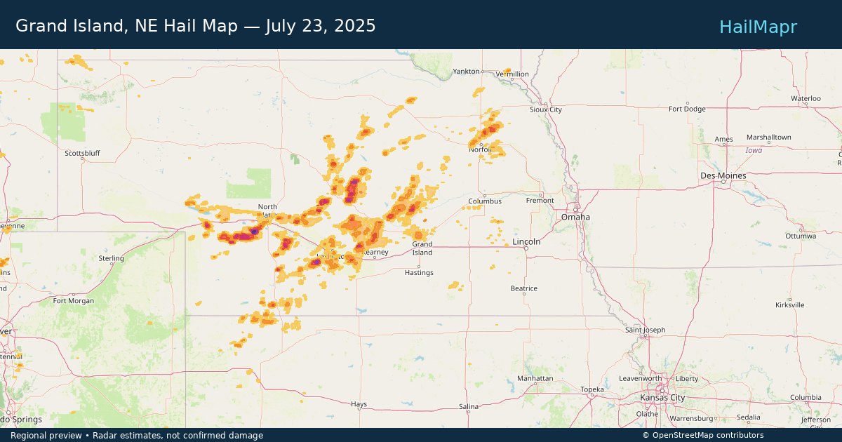 Grand Island, NE Hail Map — July 23, 2025 — regional heatmap and storm polygons
