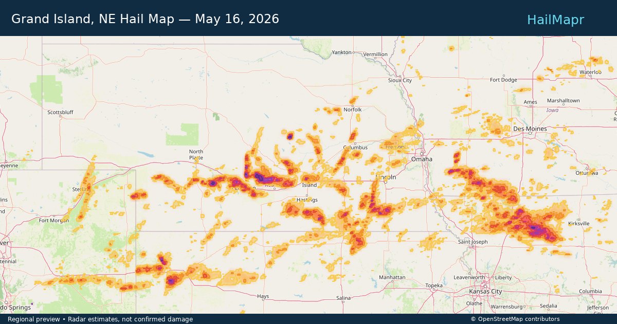 Grand Island, NE — May 16, 2026 — regional hail footprint preview