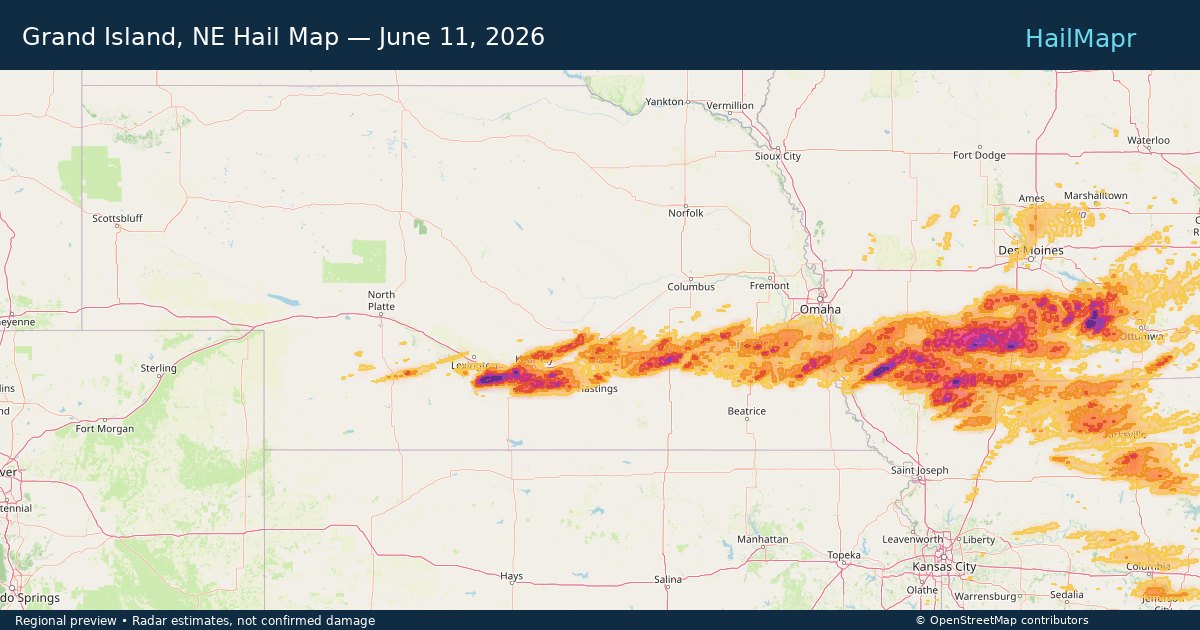 Grand Island, NE Hail Map — June 11, 2026 — regional heatmap and storm polygons