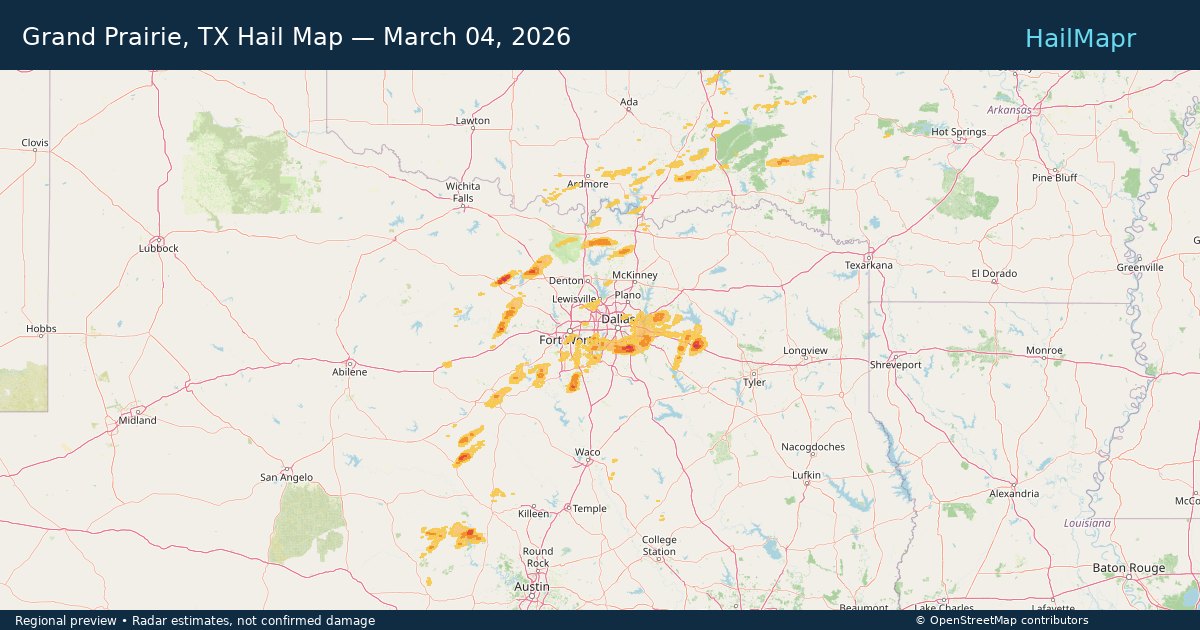 Grand Prairie, TX Hail Map — March 04, 2026 — regional heatmap and storm polygons