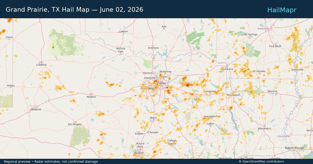 Grand Prairie, TX — June 02, 2026 — regional hail footprint preview