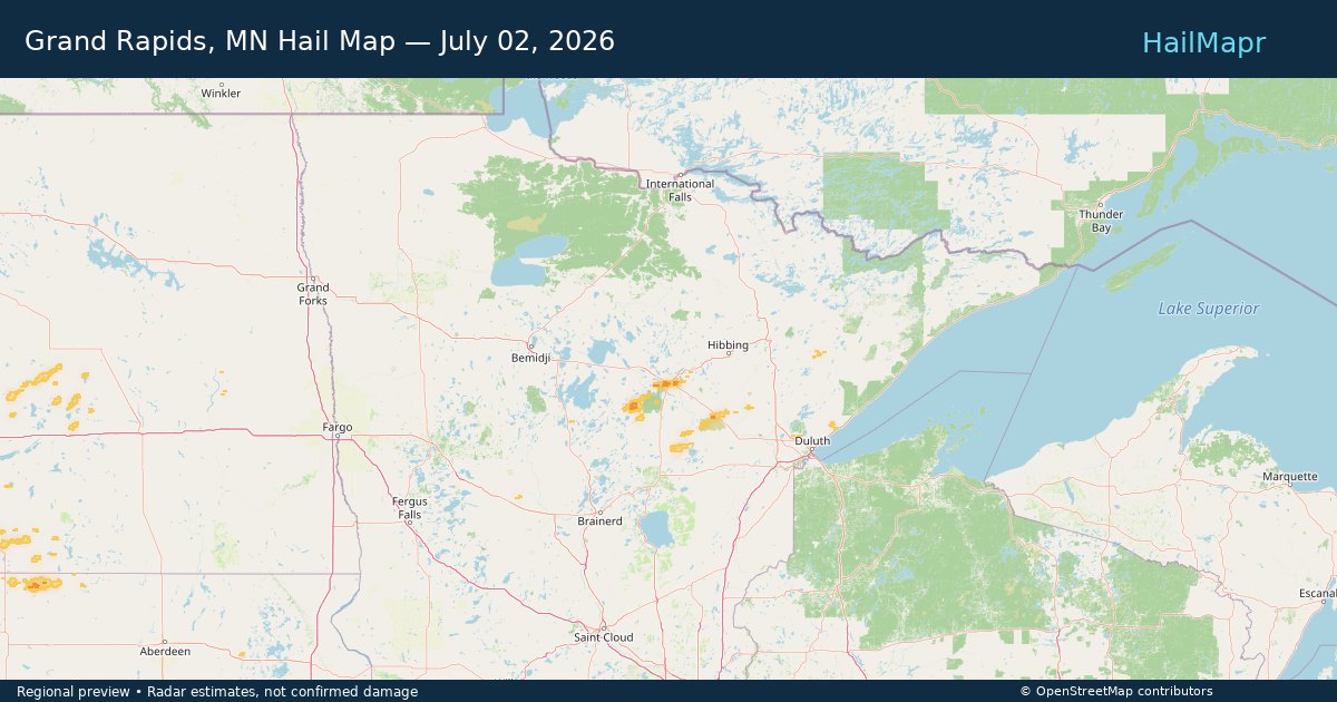 Grand Rapids, MN Hail Map — July 02, 2026 — regional heatmap and storm polygons