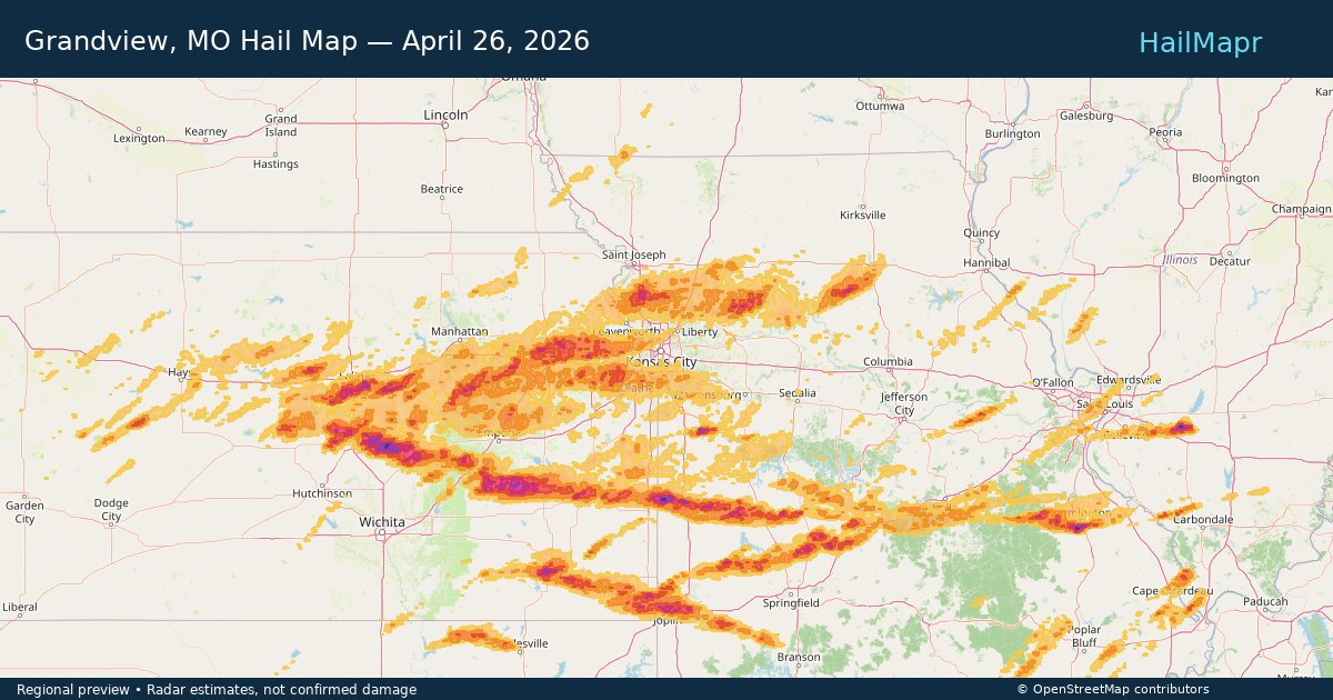 Grandview, MO Hail Map — April 26, 2026 — regional heatmap and storm polygons
