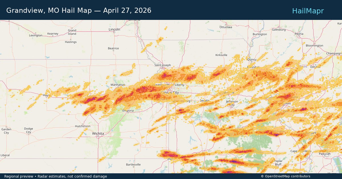 Grandview, MO Hail Map — April 27, 2026 — regional heatmap and storm polygons
