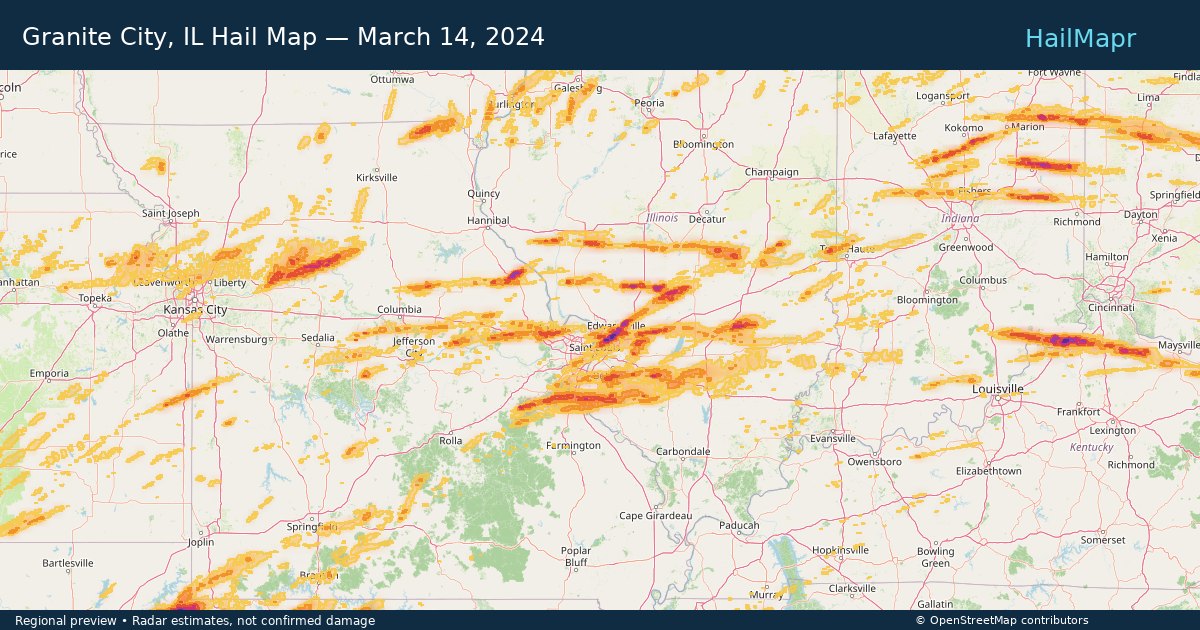 Granite City, IL Hail Map — March 14, 2024 — regional heatmap and storm polygons